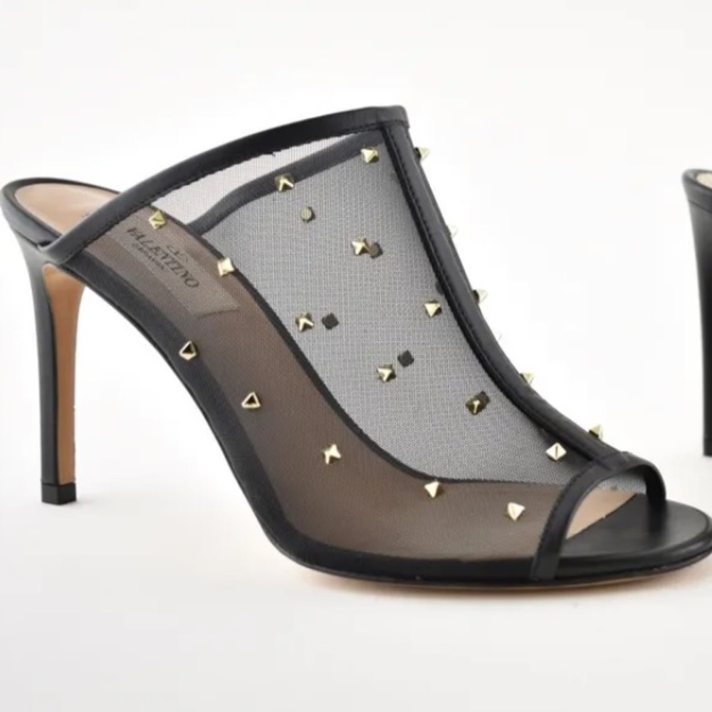 Valentino Rockstud Black Shining Mesh Mule Slide Backless Sandal Heel Pump 40